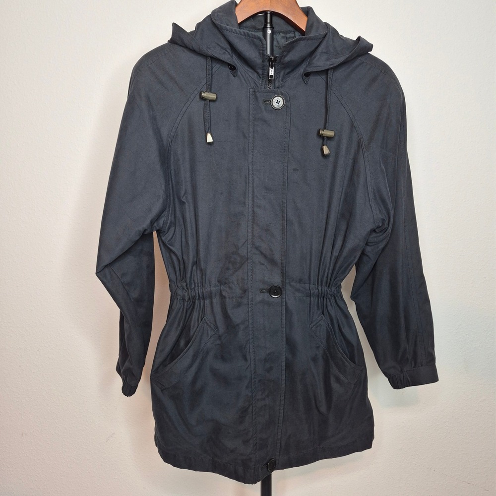 London Fog Women Black Removable Hood Raincoat Jacket Parka Utility Small Petite